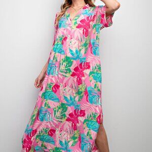 NWT Easel Tropical Print Peach Blossom Maxi Dress In Bubble Gum Plus